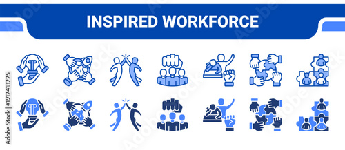 Inspired Workforce Icon Collection,  featuring Inspiration, Motivation, Enthusiasm, Empowered, Support, Unity, Team cohesion.