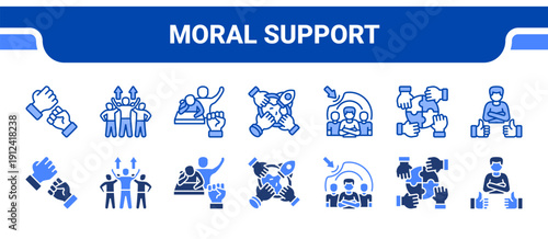 Moral Support Icon Collection,  featuring Morale, Encouragement, Support, Motivation, Resilience, Unity, Recognition.