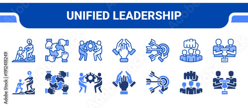 Unified Leadership Icon Collection,  featuring Leadership, Unity, Team synergy, Collective, Unified strength, Empowered, Achievement.