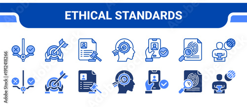Ethical Standards Icon Collection,  featuring Ethical, Objectivity, Legitimacy, Accuracy, Verification, Evidence, Transparency.