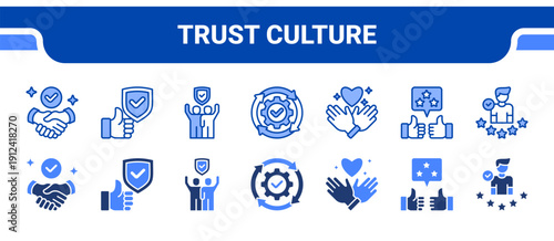 Trust Culture Icon Collection,  featuring Trustworthiness, Reliability, Dependability, Consistency, Respect, Reputation, Credibility.
