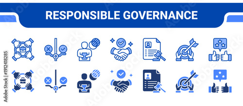 Responsible Governance Icon Collection,  featuring Accountability, Ethical, Transparency, Trustworthiness, Legitimacy, Objectivity, Reputation.