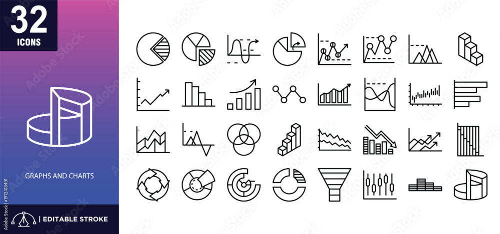 Obraz premium Business graphs and charts line icon set
