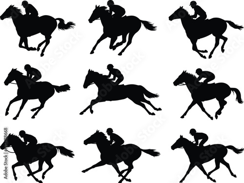 Horse racing silhouettes with jockeys in motion, galloping sequence illustration, dynamic equestrian sport poses for animation study