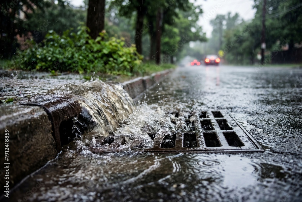 Naklejka premium Heavy stormwater flowing rapidly into a metal storm drain on a wet urban street during a downpour