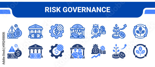 Risk Governance Icon Collection,  featuring Risk, Governance, Transparency, ESG, Finance, Investment, Sustainable.