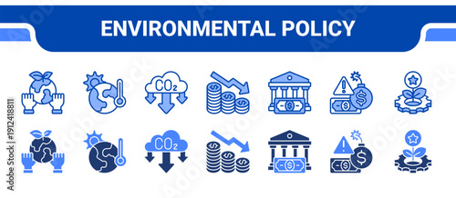 Environmental Policy Icon Collection,  featuring Environmental, Climate, Carbon, Emission, Governance, Risk, Sustainable development.