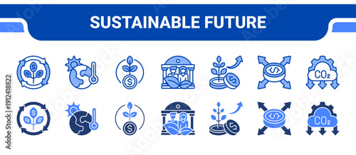 Sustainable Future Icon Collection,  featuring Sustainable, Climate, Renewable, ESG, Investment, Impact, Net zero.