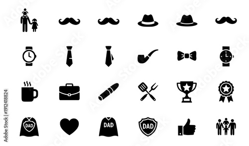 Father's Day Solid Black Icon Collection – Dad Appreciation Vector Symbols