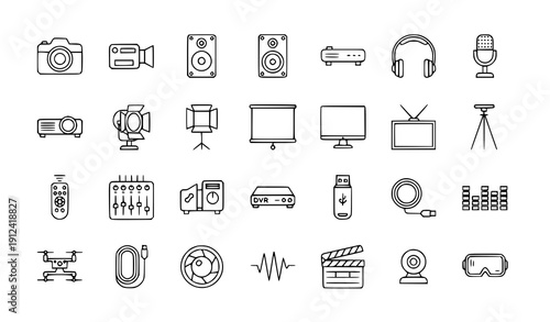 Audio Visual Equipment Line Icons Set – Simple Black Outline AV Technology Collection