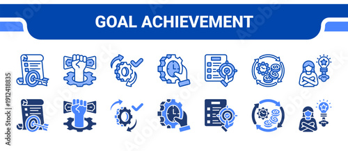 Goal Achievement Icon Collection,  featuring Goal setting, Action, Execution, Time management, Focus, Consistency, Confidence.