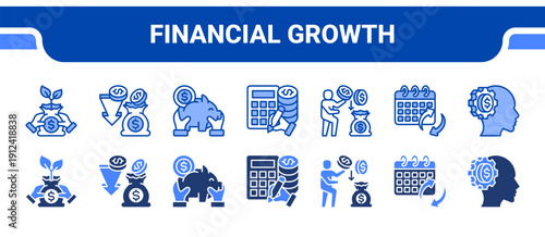 Financial Growth Icon Collection,  featuring Investing, Income, Savings, Budgeting, Financial freedom, Discipline, Mindset.