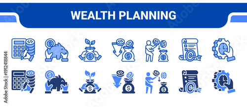 Wealth Planning Icon Collection,  featuring Budgeting, Savings, Investing, Income, Financial freedom, Goal setting, Time management.