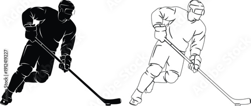 Ice hockey players in action positions with sticks on the rink