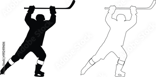 Ice hockey player demonstrating a swing technique and silhouette comparison