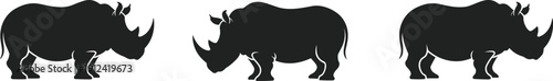 Three rhinoceros silhouettes side profile illustration, black animal icons, wildlife conservation design, endangered species artwork, vector graphic