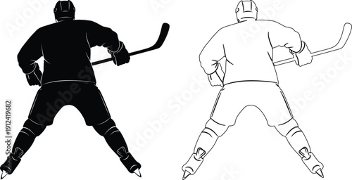 Ice hockey player in action and outline pose with stick