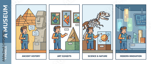 Set of 4 Vector Illustrations of a Museum Visitor Exploring Exhibits with an Audio Guide, Featuring Ancient History, Art Gallery, Science and Nature, and Modern Innovation Geometric Flat Design