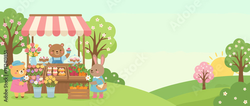 Panoramic vector banner illustration of a cute spring market stall with a bear shopkeeper selling cupcakes, flowers, and vegetables to a bunny and bear customer in a sunny park landscape scene.