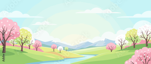 Panoramic vector banner illustration of a beautiful spring landscape with blooming cherry blossom trees, rolling green hills, a winding blue river, and distant mountains under a clear blue sky.