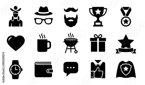 Father's Day Icons Set – Solid Glyph Vector Collection for Greeting Cards and Celebration Design