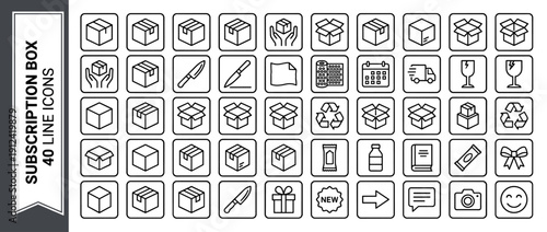 Comprehensive Set of 40 Subscription Box and Packaging Line Icons. Vector Symbols for Unboxing, Shipping, Logistics, and E-commerce. Features Box, Knife, Recycle, Fragile, Gift, and Delivery.