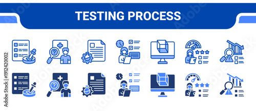 Testing Process Icon Collection,  featuring Lab testing, Clinical trials, Experiment, User testing, Simulation, Peer review, Risk analysis.