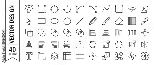 Set of 40 Vector Design Line Icons Featuring Graphic Design Tools like Pen Tool, Nodes, Anchors, Shapes, Alignment, and Transformation Tools for Digital Art, UI UX, and Creative Software Interface.