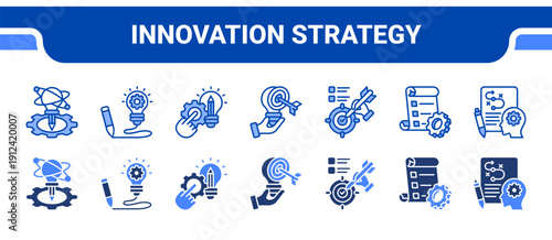 Innovation Strategy Icon Collection,  featuring Innovation, Conceptualization, Engineering design, Strategy, Goals, Action plan, Project planning.