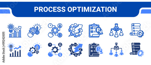 Process Optimization Icon Collection,  featuring Process improvement, Engineering design, Resource allocation, Productivity, Planning, Organization, Action plan.