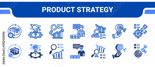 Product Strategy Icon Collection,  featuring Product lifecycle, Innovation, Market research, Customer feedback, Risk analysis, Strategy, Goals.