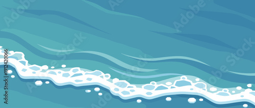 Panoramic Vector Banner Illustration of a Calm Blue Ocean Surface with Gentle Rolling Waves and a Decorative White Sea Foam Border, Perfect for Summer Travel and Tropical Beach Backgrounds