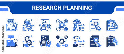 Research Planning Icon Collection,  featuring Literature review, Feasibility, Project planning, Resource allocation, Peer review, Analysis, Planning.