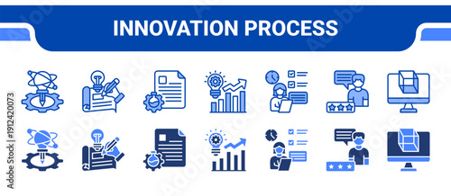 Innovation Process Icon Collection,  featuring Innovation, Prototyping, Experiment, Process improvement, User testing, Customer feedback, Simulation.