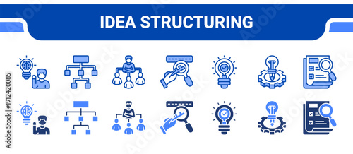 Idea Structuring Icon Collection,  featuring Ideas, Structure, Organization, Keywords, Clarity, Concept, Overview.