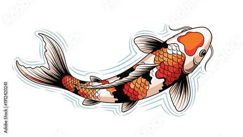 Vibrant koi fish illustration on white background with decorative outlines