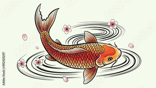 Vibrant koi fish illustration with floral accents in calm water