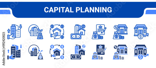 Capital Planning Icon Collection,  featuring Capital, Investment, Cashflow, ROI, Loan, Mortgage, Value.