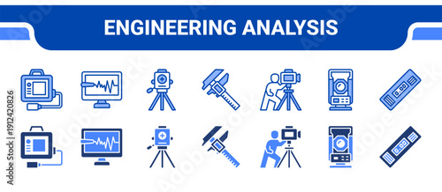 Engineering Analysis Icon Collection,  featuring Testing tools, Monitor, Laser level, Digital caliper, Surveying, Theodolite, Level meter.