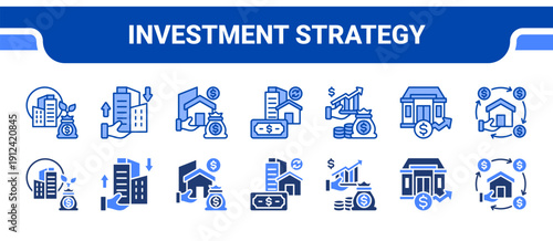 Investment Strategy Icon Collection,  featuring Investment, Capital, Asset, ROI, Profit, Value, Cashflow.