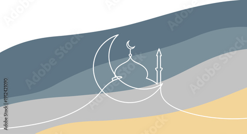 Islamic crescent moon and mosque silhouette on abstract wavy background, Ramadan concept