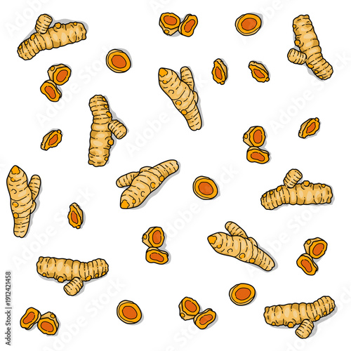 a pattern of turmeric spice and slider turmenic. Healthy ingredient Organic food and natural medicine