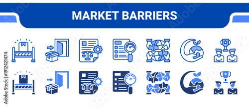 Market Barriers Icon Collection,  featuring Barriers, Entry, Regulation, Regulatory, Political instability, Environmental issues, Competition.