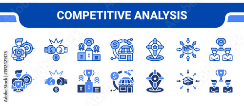 Competitive Analysis Icon Collection,  featuring Competitors, Rivalry, Competitive, Market share, Positioning, Differentiation, Competition.