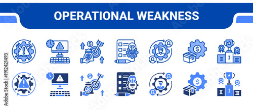 Operational Weakness Icon Collection,  featuring Inefficiency, Outdated, Limited funds, Quality issues, Turnover, Costs, Competitive.