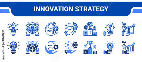 Innovation Strategy Icon Collection,  featuring Innovation, Product innovation, Technological advancement, Digital transformation, Competitive, Opportunities, Growth.