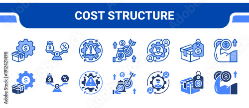 Cost Structure Icon Collection,  featuring Costs, Scale, Inefficiency, Limited funds, Turnover, Pricing, Financial strength.