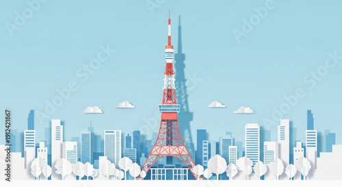 A vibrant red Tokyo Tower standing tall amidst a minimalist white and blue papercut city skyline with trees and clouds.