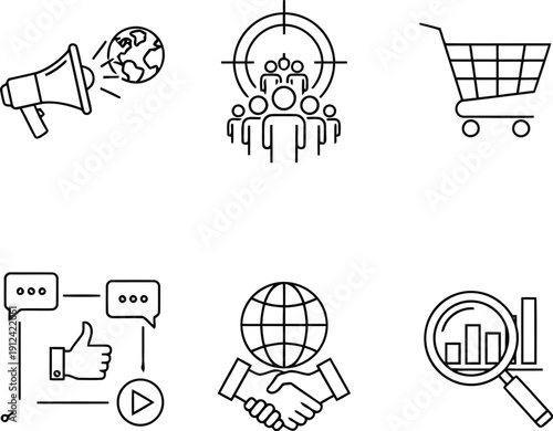 Digital marketing strategy icons set global business promotion online sales and analytics concepts vector