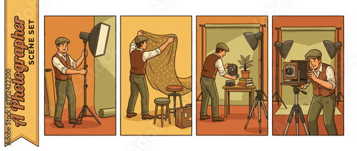 Vintage Photographer Studio Scene Set Vector Illustration of a Professional Man Adjusting Lights, Hanging Backdrops, Arranging Still Life Props, and Using a Large Format Bellows Camera on Tripod.